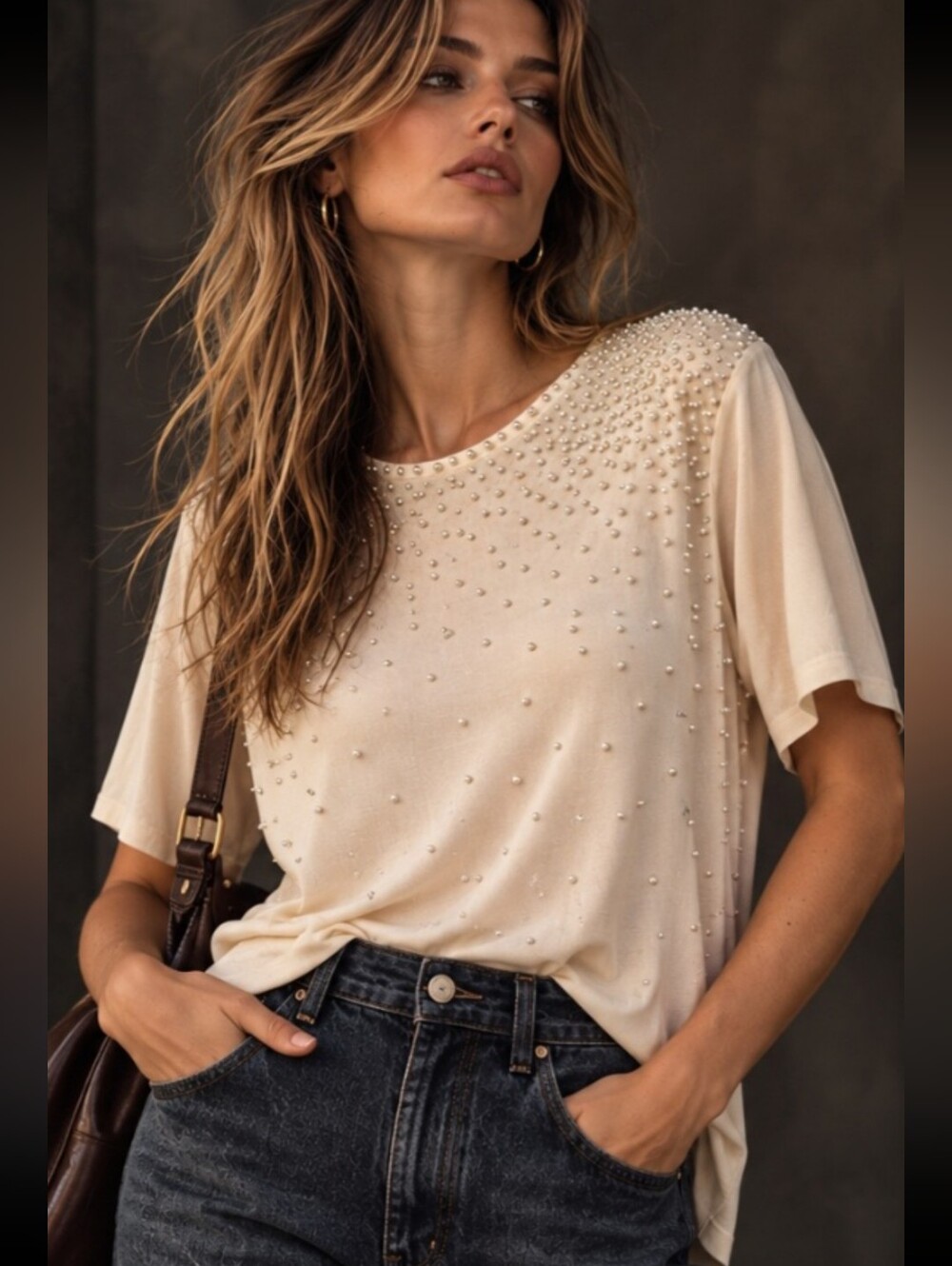 Diane Gilman Pearl Embellished Silk Cotton Top Ivory Size L NWT